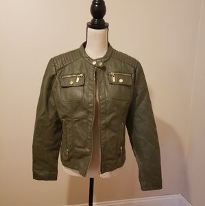 Green Faux Leather Bomber Jacket